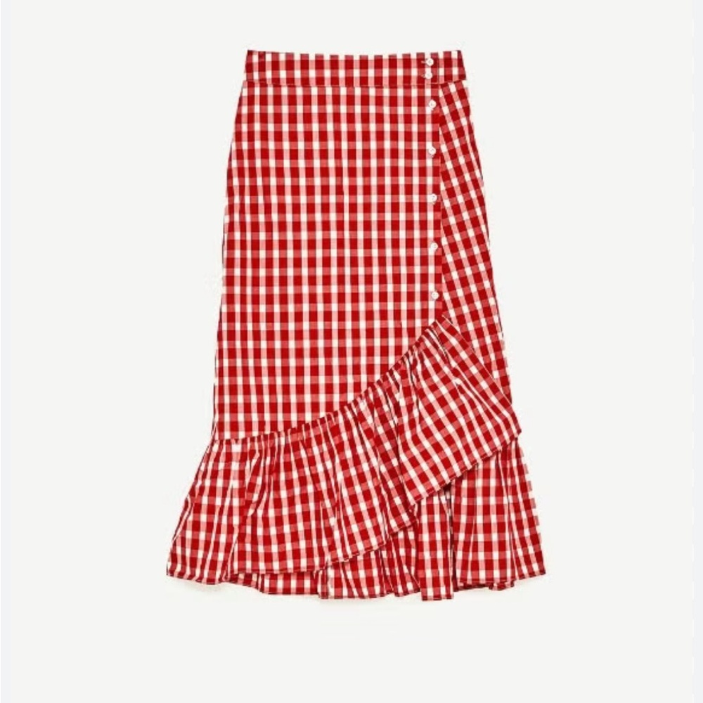 ZARA Red Gingham Ruffle Midi Skirt - Picture 5 of 13